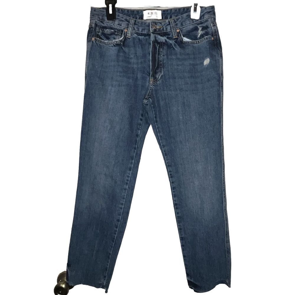 We The Free Button Fly‎ M Jeans Wmn Sz 27 Blue Straigt Distressed Raw Hem